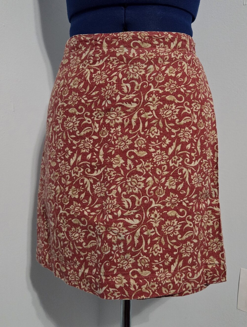 Vintage Red Floral Linen Blend Mini Wrap Skirt Size 6